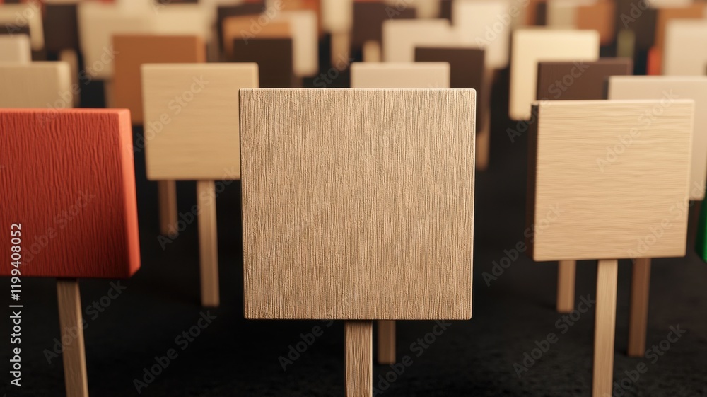 Poster a close-up view of various small wooden signs on stands, showcasing an array of colors and textures 