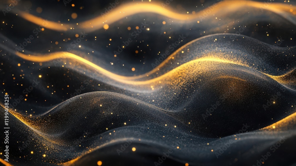 Aufkleber a mesmerizing abstract image of flowing waves illuminated by golden particles against a dark backdro