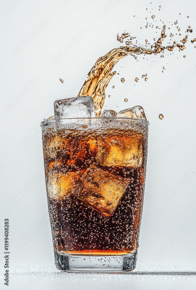 Poster refreshing carbonated beverage splashing into glass with ice cubes, capturing effervescence and refr