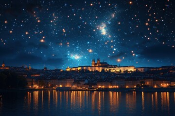 Night cityscape, starry sky, castle lights reflected in water.