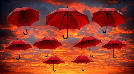 Red Umbrellas in a Vibrant Sunset Sky: A Serene and Artistic Nature Scene