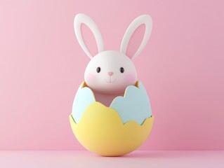 Obraz premium Adorable white bunny with pink cheeks peeking out of a pastel yellow and blue cracked egg, set against a pink background. 