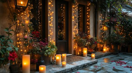 Festive Entrance Decorated With Candles And Lights