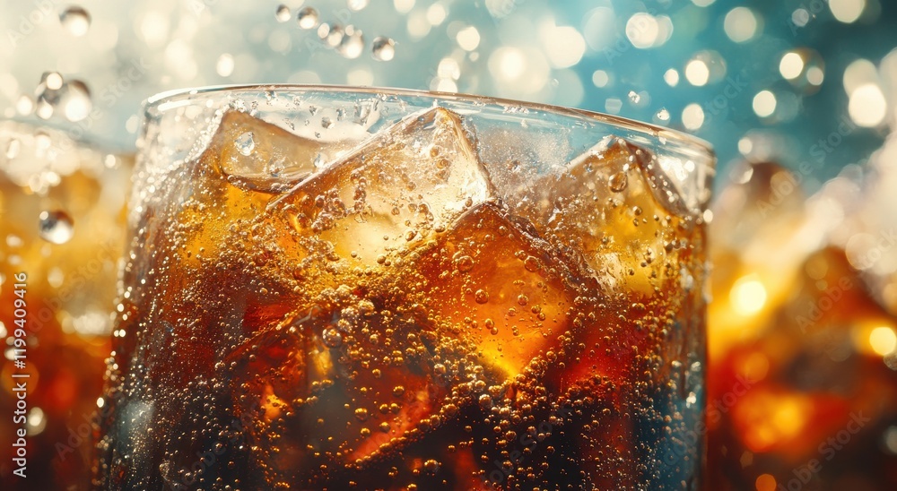 Poster refreshing carbonated beverage with ice cubes in a glass surrounded by sparkling bubbles and a soft 