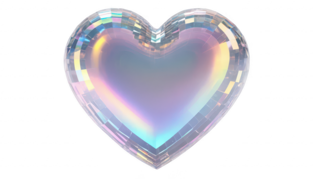 A crystal-like holographic heart with reflective surfaces, giving off a soft rainbow glow, floating over a digital binary backdrop, on a white transparent background PNG