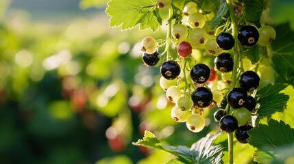 Close-up shot of black currant berries on a branch with green leaves in a garden
