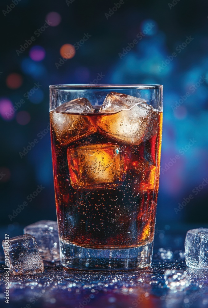 Poster refreshing carbonated beverage with ice cubes on a glittering background for a vibrant and inviting 