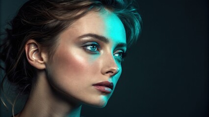Naklejka premium A dynamic face portrait illuminated on one side with a cool teal light that washes over the cheekbone while the other half remains in shadow accentuating the beauty and complexity