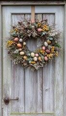 Easter wreath on rustic door. Springtime decoration with painted eggs and flowers.