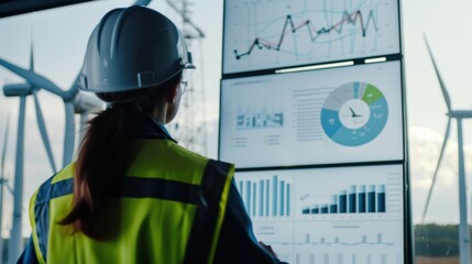 A renewable energy consultant analyzing performance metrics of solar panels at a solar energy farm, with solar arrays and data analytics screens visible, Solar panel performance analysis scene