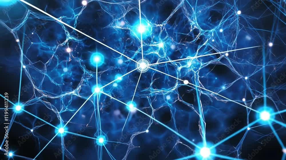 Poster neural network abstract: an abstract representation of a neural network, glowing nodes interconnecte