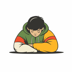 Youthful Figure in Hooded Sweatshirt Resting Head Down. Vector Image