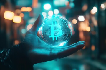 Holographic Bitcoin Symbol in Hands