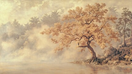 Misty morning landscape painting, featuring a solitary tree by calm water, surrounded by fog and forest.