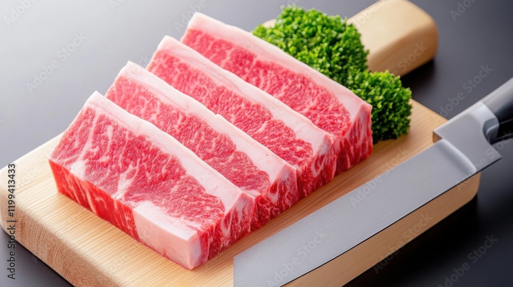 Poster raw beef ribs with a perfect marbling pattern, placed on a butcher's block with a sharp knife