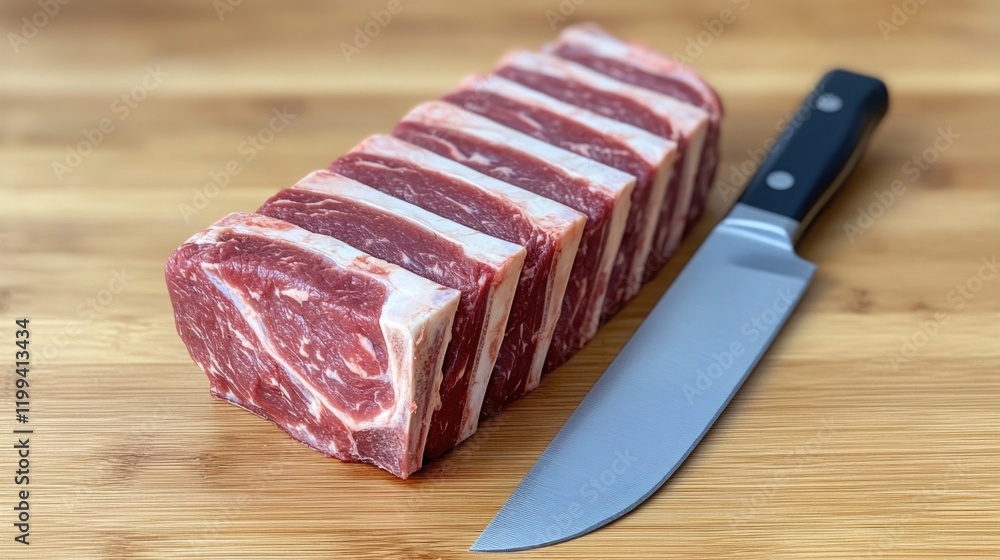 Poster raw beef ribs with a perfect marbling pattern, placed on a butcher's block with a sharp knife