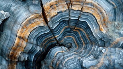 A close-up of a geological formation with blue and orange concentric rings showing the layers of time