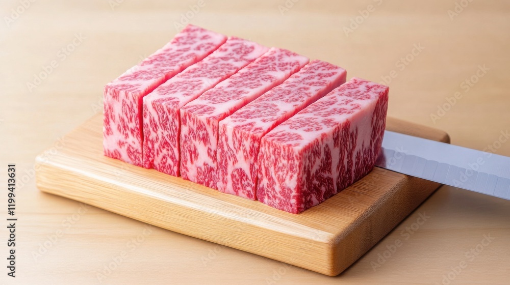 Poster raw beef ribs with a perfect marbling pattern, placed on a butcher's block with a sharp knife