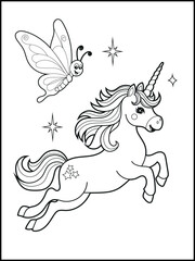 Illustration of a cute unicorn cartoon character. Black and white Printable Unicorn coloring page for kids.