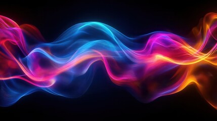 A vibrant wave of colorful light flows through a dark background, creating a sense of dynamic movement and energy.
