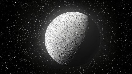 Half-lit moon in space with craters and stars.