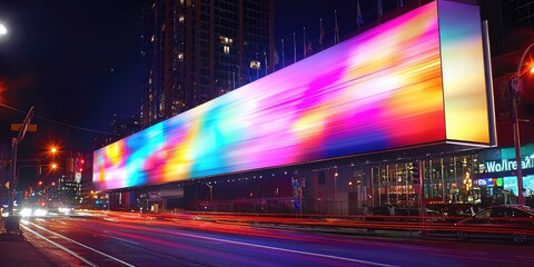 Obraz premium A modern billboard glowing with vibrant colors in a nighttime urban scene.