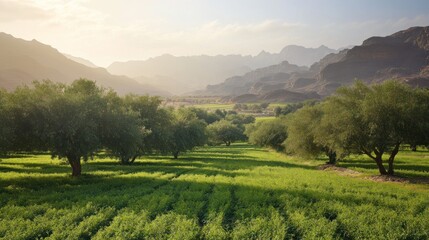 Obraz premium Lush green field with trees in the foreground and majestic mountains in the background
