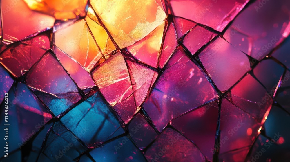 Poster a vibrant, abstract image showcasing colorful, fractured glass pieces illuminated by light, creating