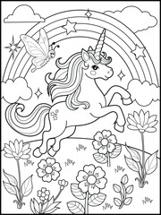 Illustration of a cute unicorn cartoon character. Black and white Printable Unicorn coloring page for kids.