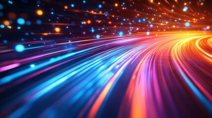 A vibrant, abstract image showcasing dynamic light trails in blue, orange, and purple hues, creating a sense of motion and energy.