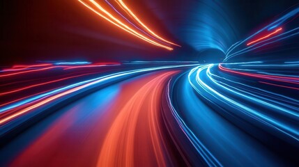 A vibrant, abstract image showcasing streaks of blue and red light, suggesting motion within a dark tunnel.