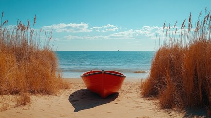 Vibrant red boat resting on sandy beach, surrounded by tall grass, under a clear blue sky