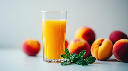 Fresh Peach Juice in Glass with Ripe Peaches and Mint Leaves