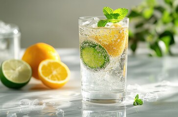 Fototapeta premium Refreshing Citrus Sparkling Drink with Lemon and Lime in a Tall Glass with Ice, Perfect for Summer Days and Healthy Beverage Choices