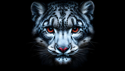 Obraz premium Majestic snow leopard portrait, intense gaze, dark background, wildlife photography.