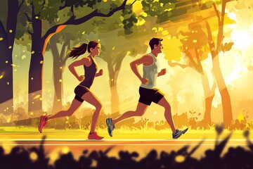 Joyful Jogging Couple in Bright Cartoon Style