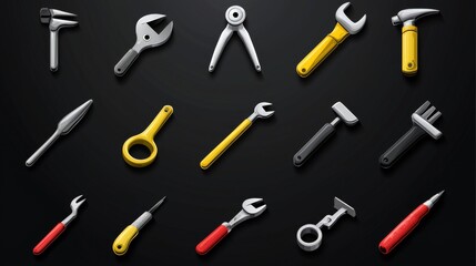 Naklejka premium Collection of Hand Tools Wrenches Hammers Pliers Screwdrivers and More on Black Background