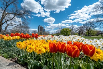 Obraz premium Vibrant tulips and daffodils bloom under a bright spring sky, city buildings in the distance.