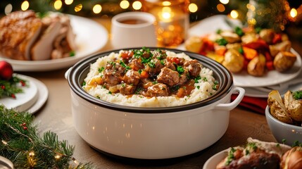 A warm, festive table setting featuring a hearty dish of meat and vegetables served over rice, surrounded by seasonal decorations and various side dishes.