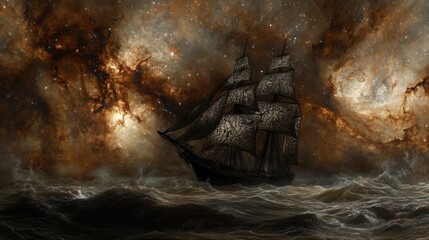 Obraz premium Mysterious Ship Sailing Through Cosmic Clouds and Starry Night Sky