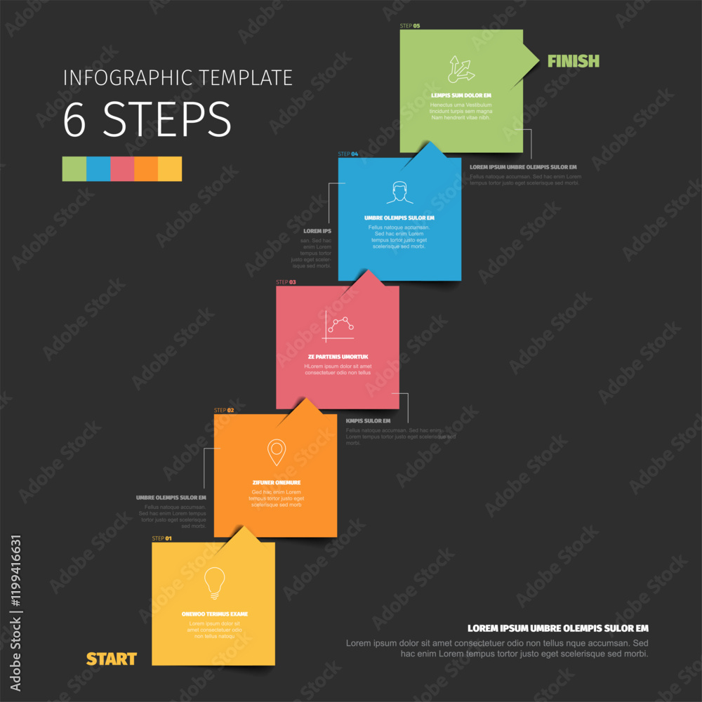 Poster dark pastel six step infographic template with colorful, labeled boxes illustrating a stepbystep pro