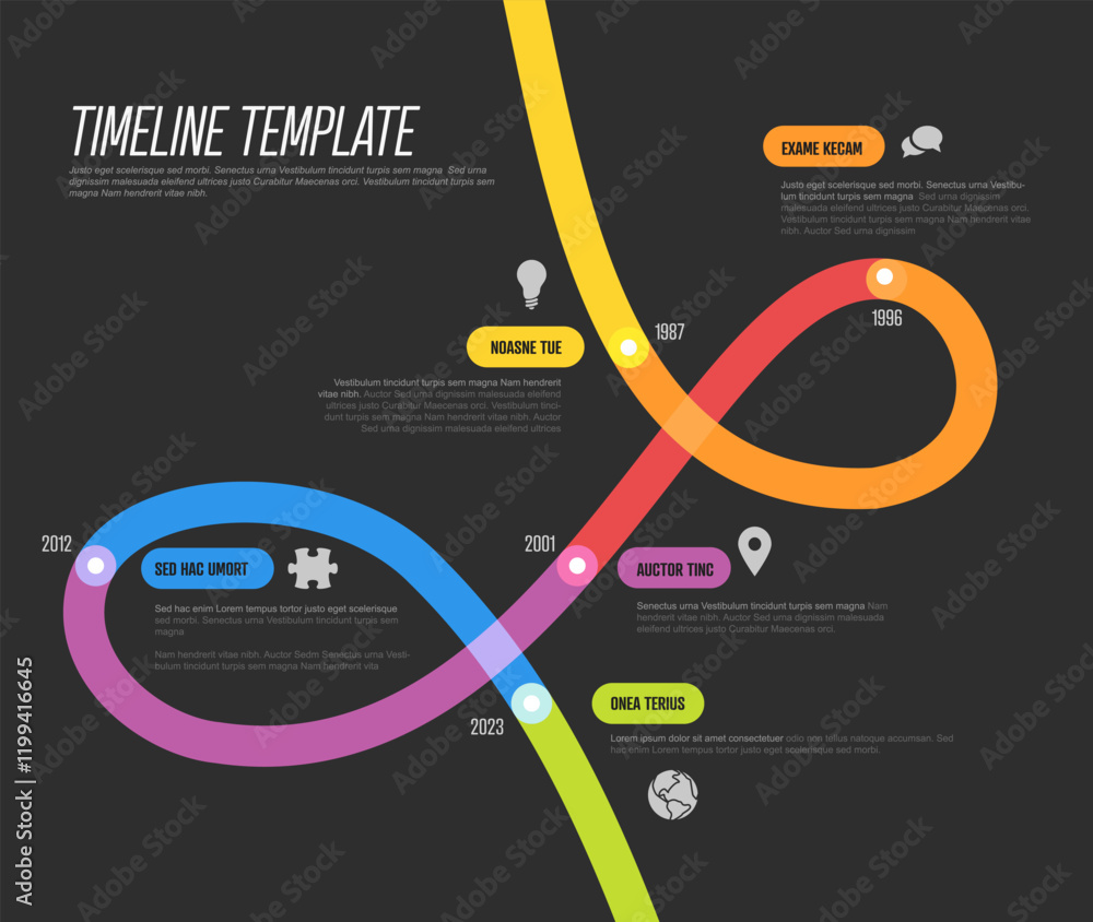 Poster simple dark loop thick timeline template with vibrant colors display key events from the company his
