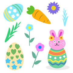 Happy Easter Egg with bunny flowers eggs. Animal wildlife holidays cartoon. Vector illustration design.
