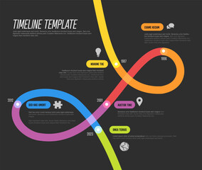 Simple Dark Loop thick timeline template with vibrant colors display key events from the company history. Timeline is visually engaging, emphasizing each milestone with a unique hue.