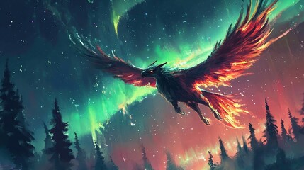 Fiery griffin soars through aurora borealis.