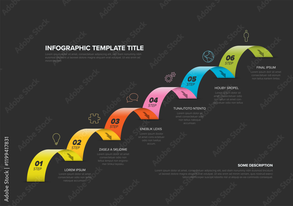 Aufkleber a colorful, ascending 6-step infographic template with placeholder text and icons. this infographic 