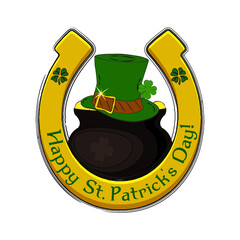 Happy Saint Patrick's Day wishes on gold horseshoe with pot of gold and leprechaun green hat. Design elements for St. Patrick's Day. Isolated on white background. Vector illustration.