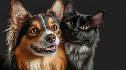Fototapeta premium Portrait of a joyful dog and cat looking at the camera together, showcasing their strong friendship and bond, with an emphasis on the amazing harmony between the two pets. 