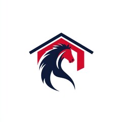Fototapeta premium Abstract horse head with blue mane inside a red house. Concept for logo use in real estate