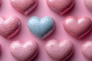 Fototapeta premium Pastel hearts pattern, pink background, unique blue heart, Valentine's Day
